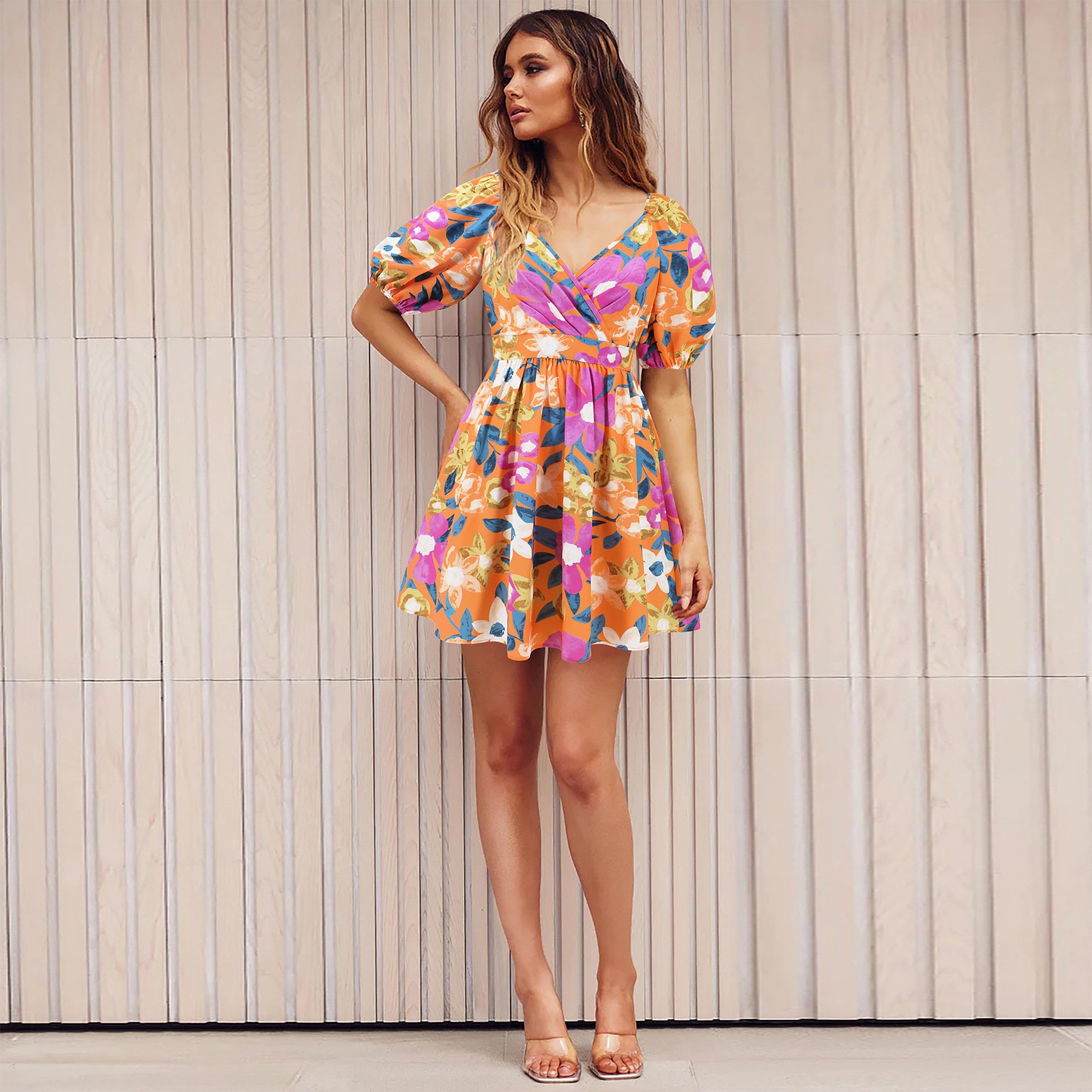 2024 Summer Floral Dress for Women V Neck Short Dresses Elegant Puff Sleeve Elastic Waist Casual Dresses
