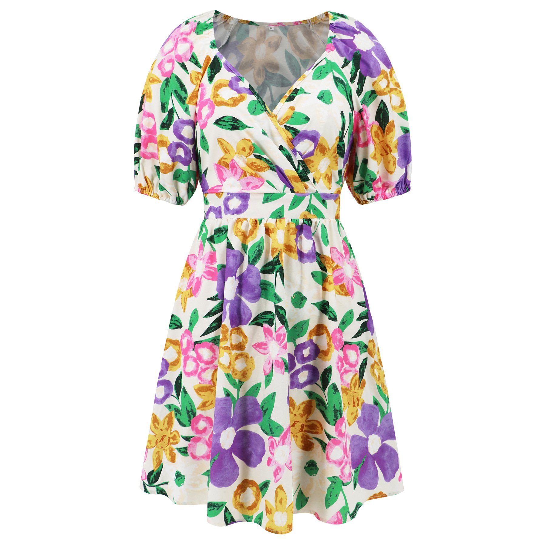 2024 Summer Floral Dress for Women V Neck Short Dresses Elegant Puff Sleeve Elastic Waist Casual Dresses