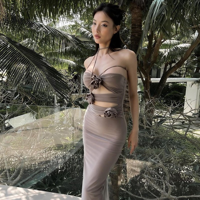 New Model Rose hollow long tight strapless dress y2k vintage dress for women ladies long tight dresses
