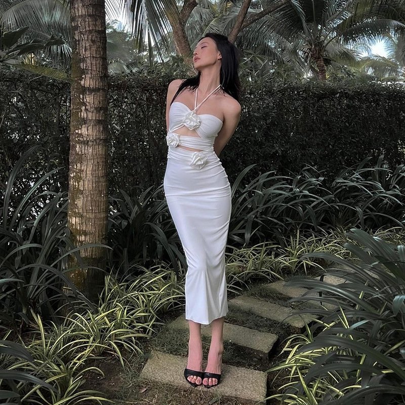 New Model Rose hollow long tight strapless dress y2k vintage dress for women ladies long tight dresses