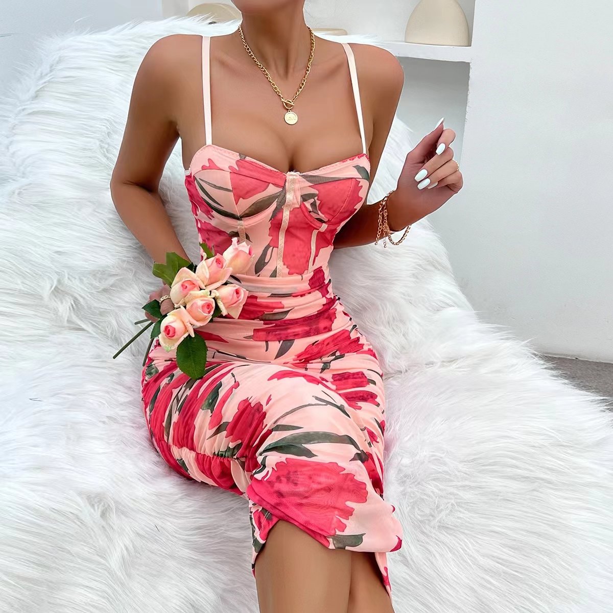 Low MOQ Undefined Sexy Club Print Cascading Ruffle Manufacturer Casual Dress