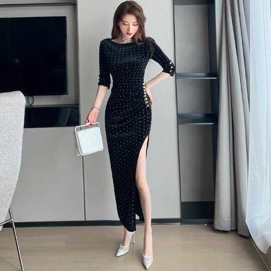 2023 Autumn New Fashion Women's Black Retro Slim Sexy Slit Velvet Long Dress