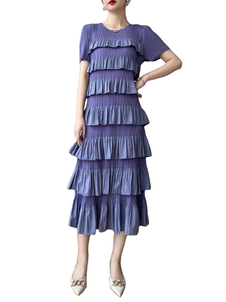 Miyake pleated custom design fashion ladies spring crewneck short sleeves women's multi-layered ruffled midi casual dress
