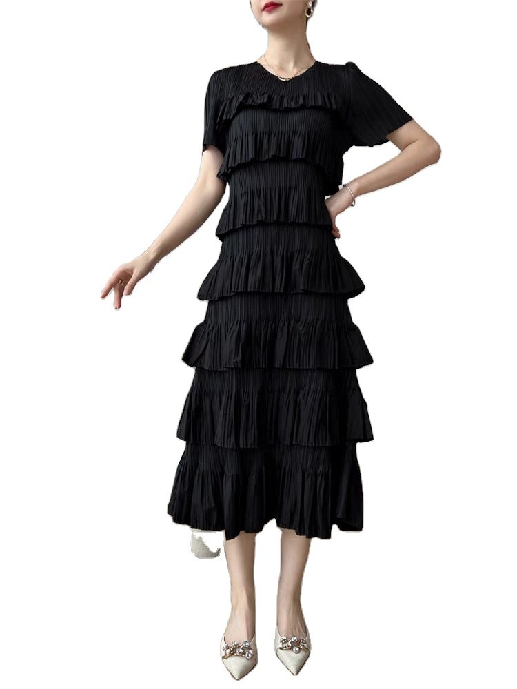 Miyake pleated custom design fashion ladies spring crewneck short sleeves women's multi-layered ruffled midi casual dress