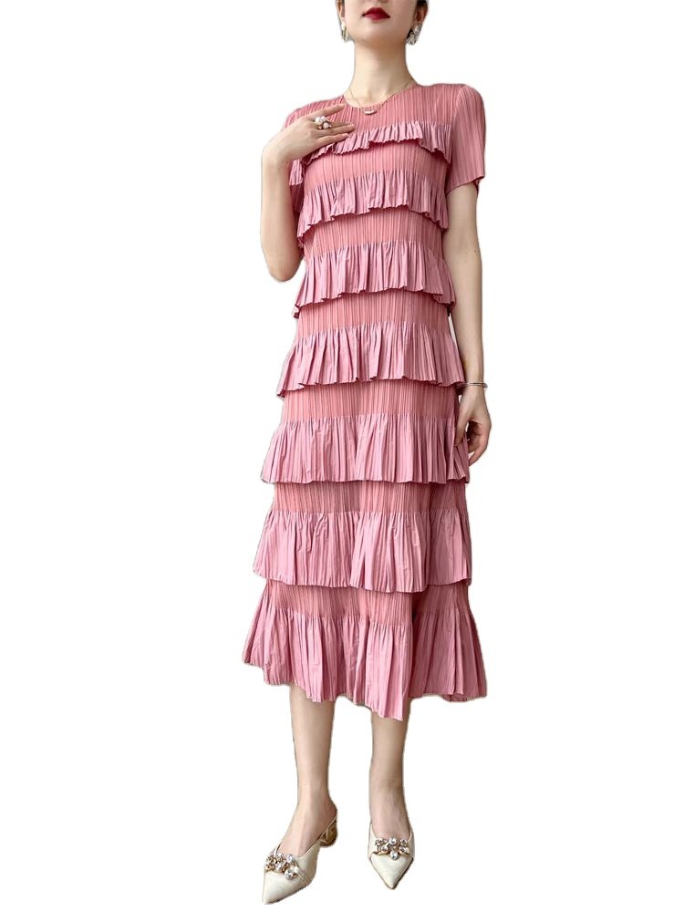 Miyake pleated custom design fashion ladies spring crewneck short sleeves women's multi-layered ruffled midi casual dress