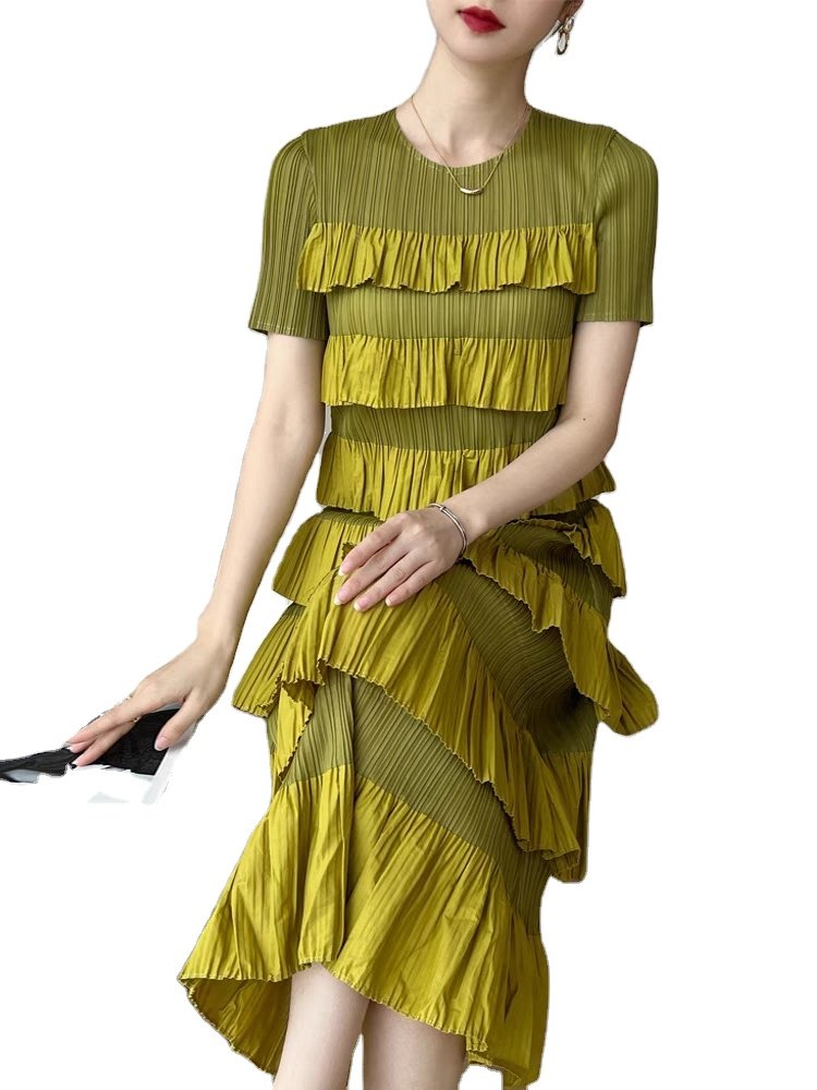 Miyake pleated custom design fashion ladies spring crewneck short sleeves women's multi-layered ruffled midi casual dress
