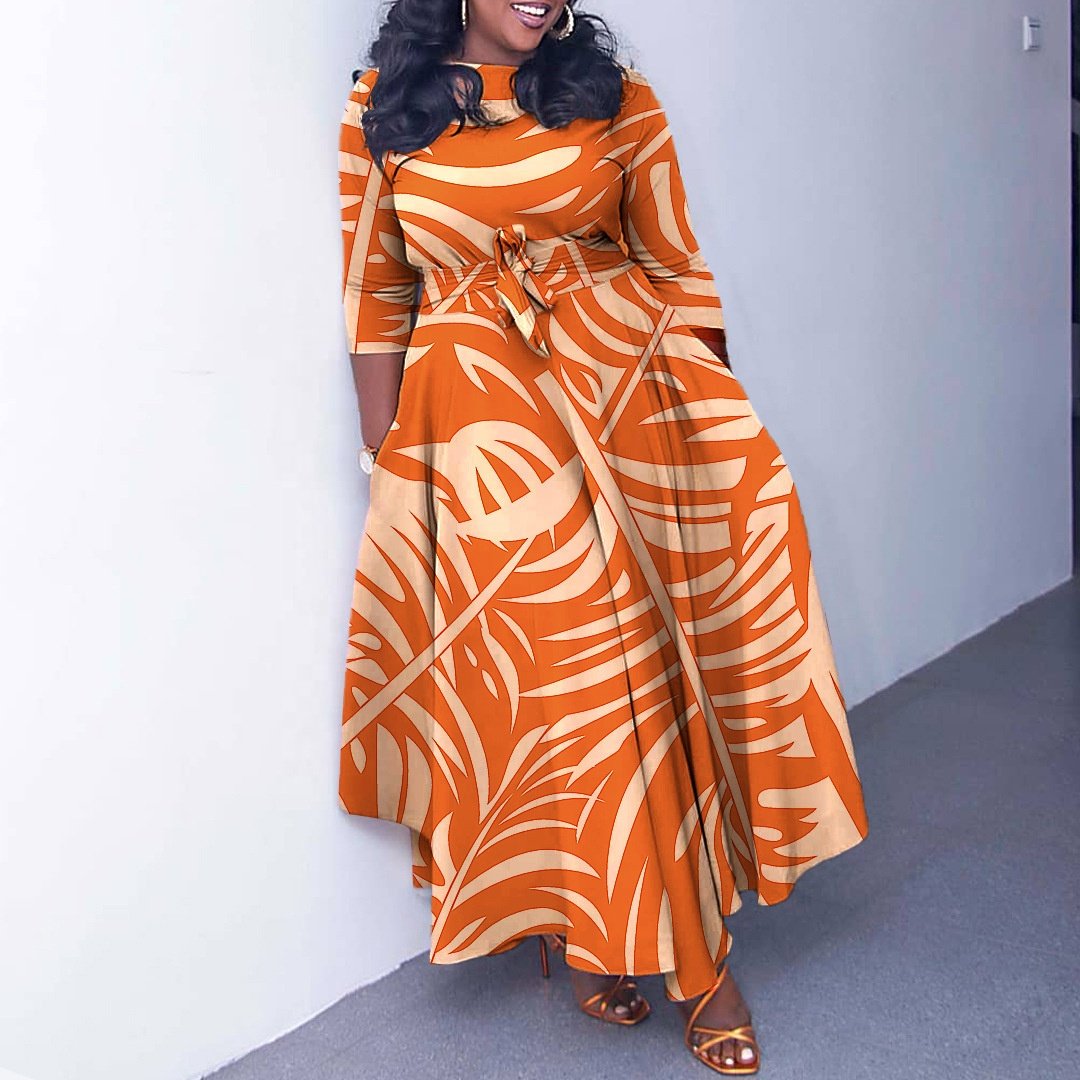 latest style African printed dress women's crew neck sleeve African casual dress African A-line dress