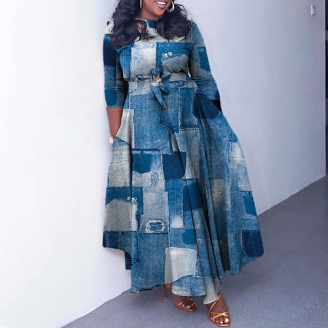 latest style African printed dress women's crew neck sleeve African casual dress African A-line dress