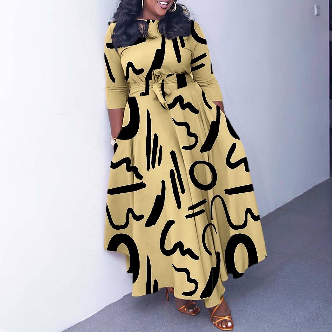 latest style African printed dress women's crew neck sleeve African casual dress African A-line dress