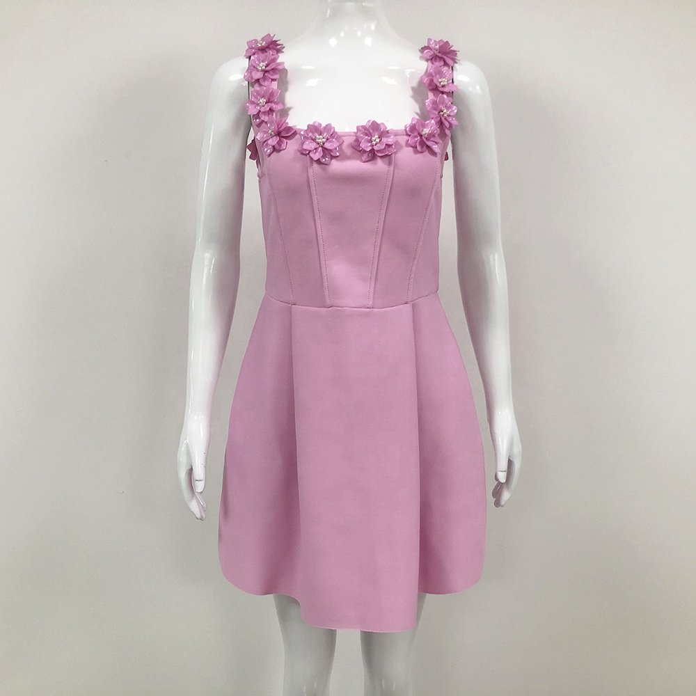 Elegant Celebrity Sexy Straps Appliques Flower A-line Mini Bandage Dress Women Pink Sleeveless Square Neck Floral Slim Dresses