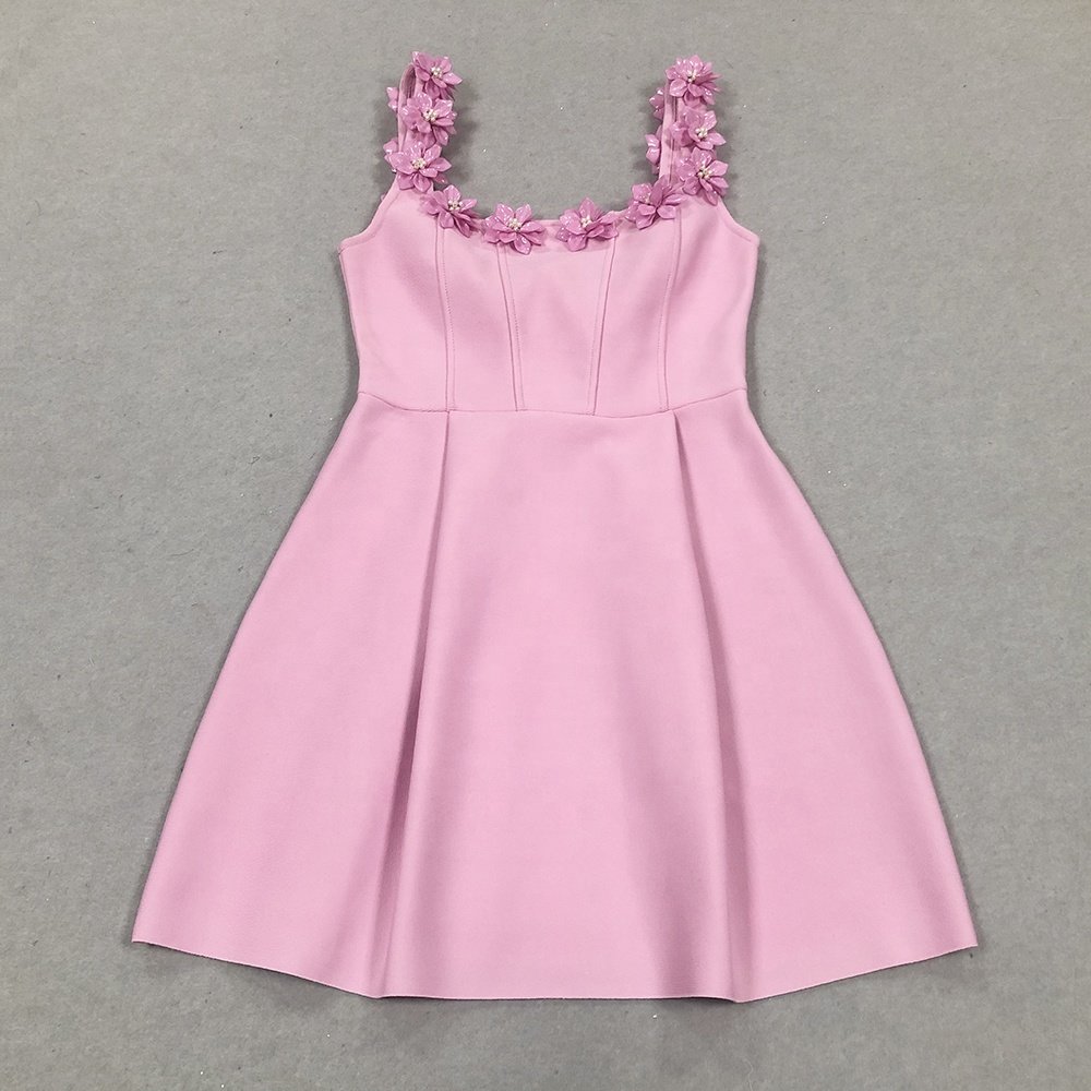 Elegant Celebrity Sexy Straps Appliques Flower A-line Mini Bandage Dress Women Pink Sleeveless Square Neck Floral Slim Dresses