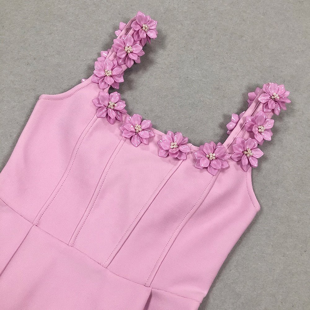 Elegant Celebrity Sexy Straps Appliques Flower A-line Mini Bandage Dress Women Pink Sleeveless Square Neck Floral Slim Dresses