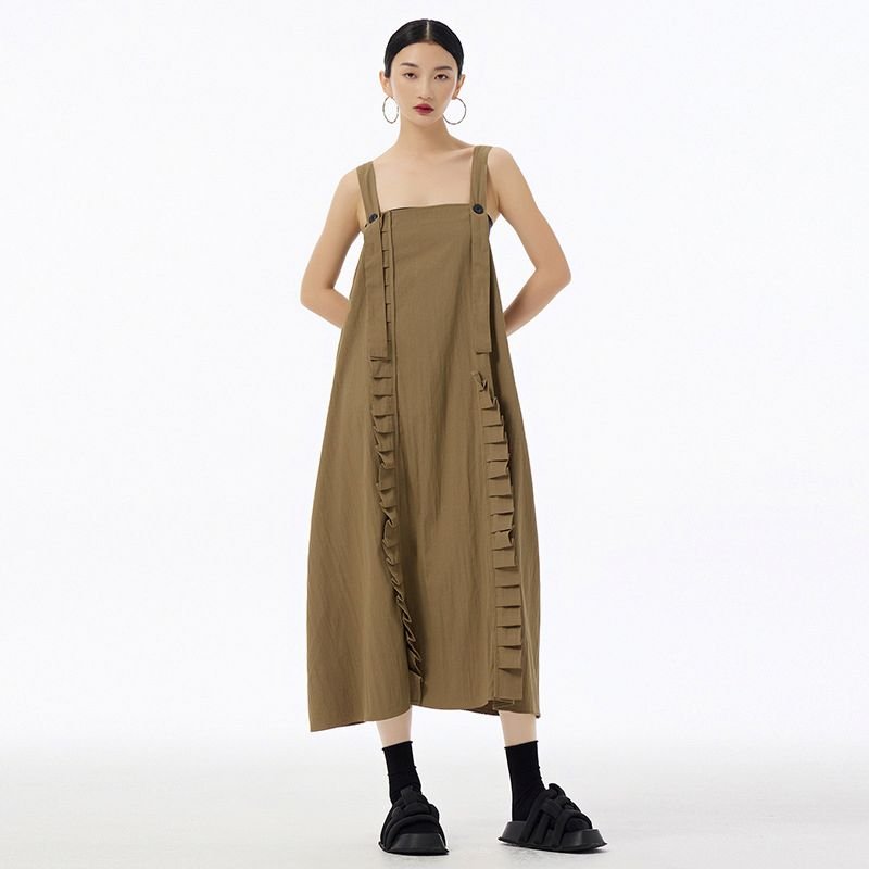 European and American retro patchwork ruffled design strap dress 2024 Summer new loose slimming and all-matching dress