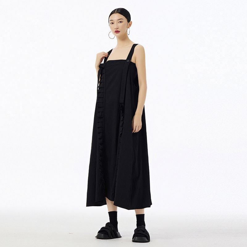 European and American retro patchwork ruffled design strap dress 2024 Summer new loose slimming and all-matching dress