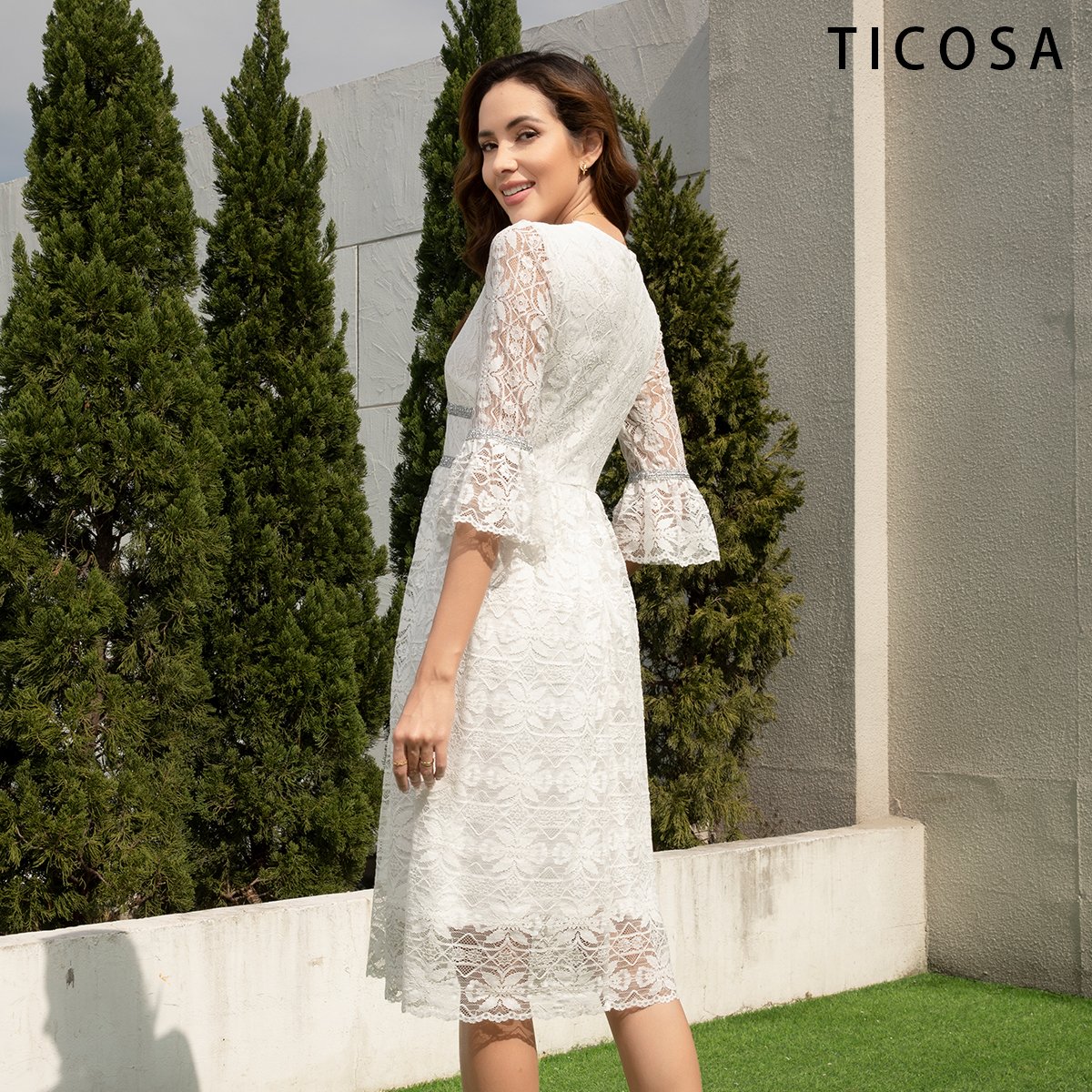 V-neck Lace with Flared Five-sleeve Casual Dresses Natural Simple Adults women's dresses