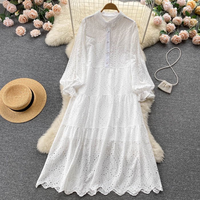 LY845 New 2022 Women's Romantic Solid Color Hollow Out Embroidery Dress Ladies Elegant Summer Dresses Vestidos Clothing 8