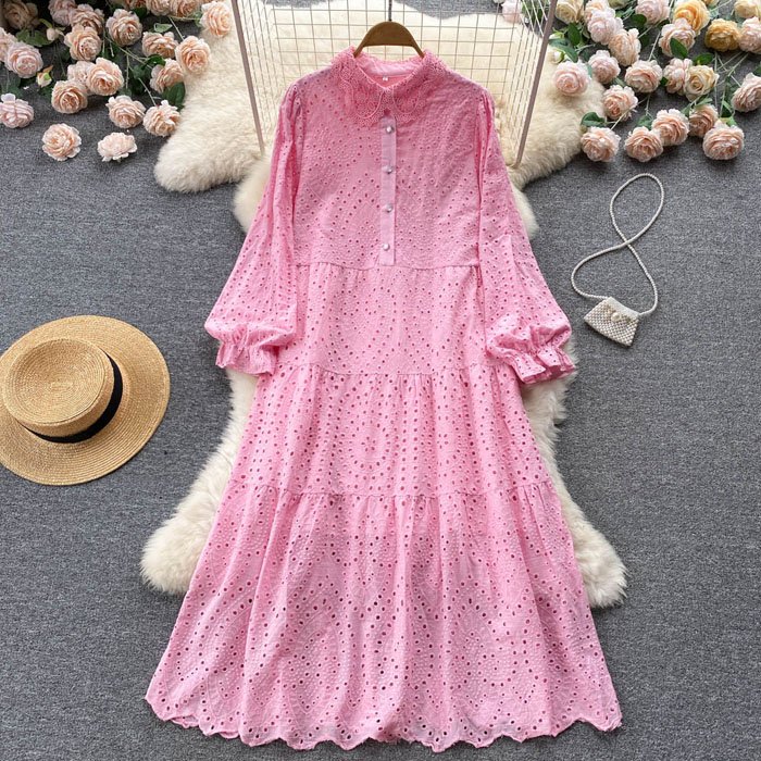 LY845 New 2022 Women's Romantic Solid Color Hollow Out Embroidery Dress Ladies Elegant Summer Dresses Vestidos Clothing 8