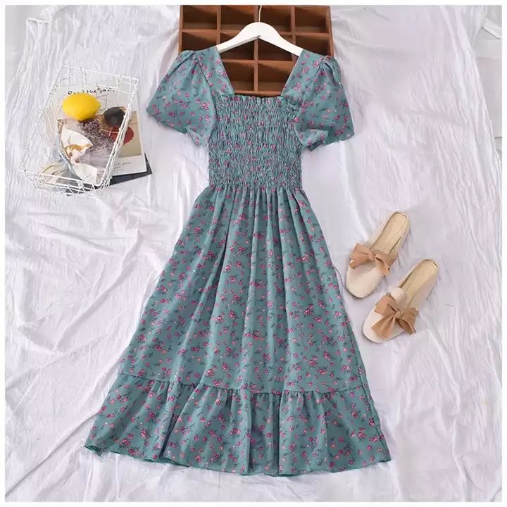 Q402 Latest Korean Design Floral Print Elastic Vintage Square Neck Short Sleeve Long Dress,Women Summer Dresses Clothing