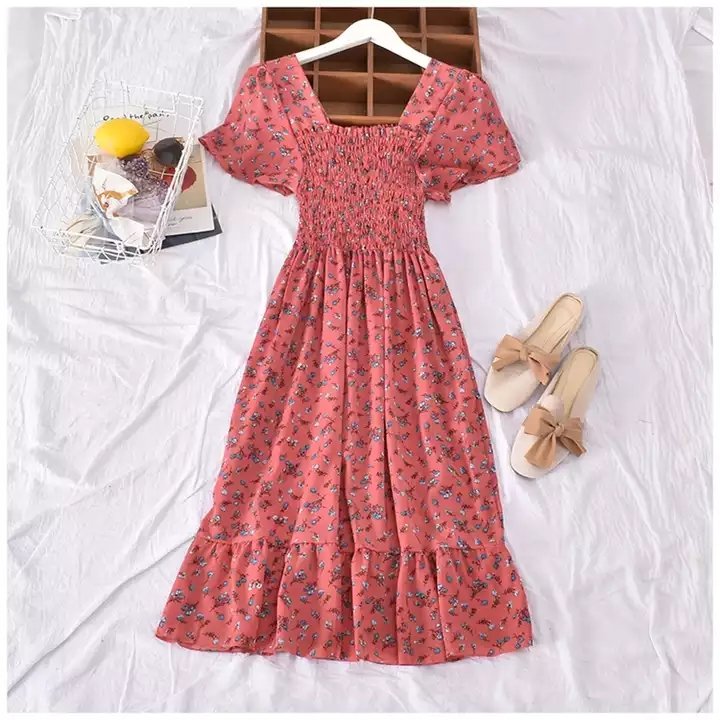 Q402 Latest Korean Design Floral Print Elastic Vintage Square Neck Short Sleeve Long Dress,Women Summer Dresses Clothing
