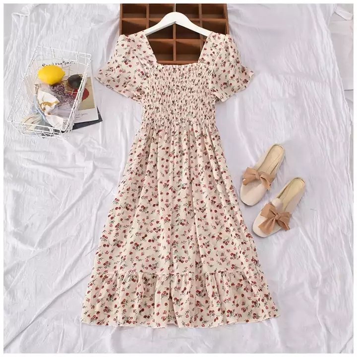 Q402 Latest Korean Design Floral Print Elastic Vintage Square Neck Short Sleeve Long Dress,Women Summer Dresses Clothing