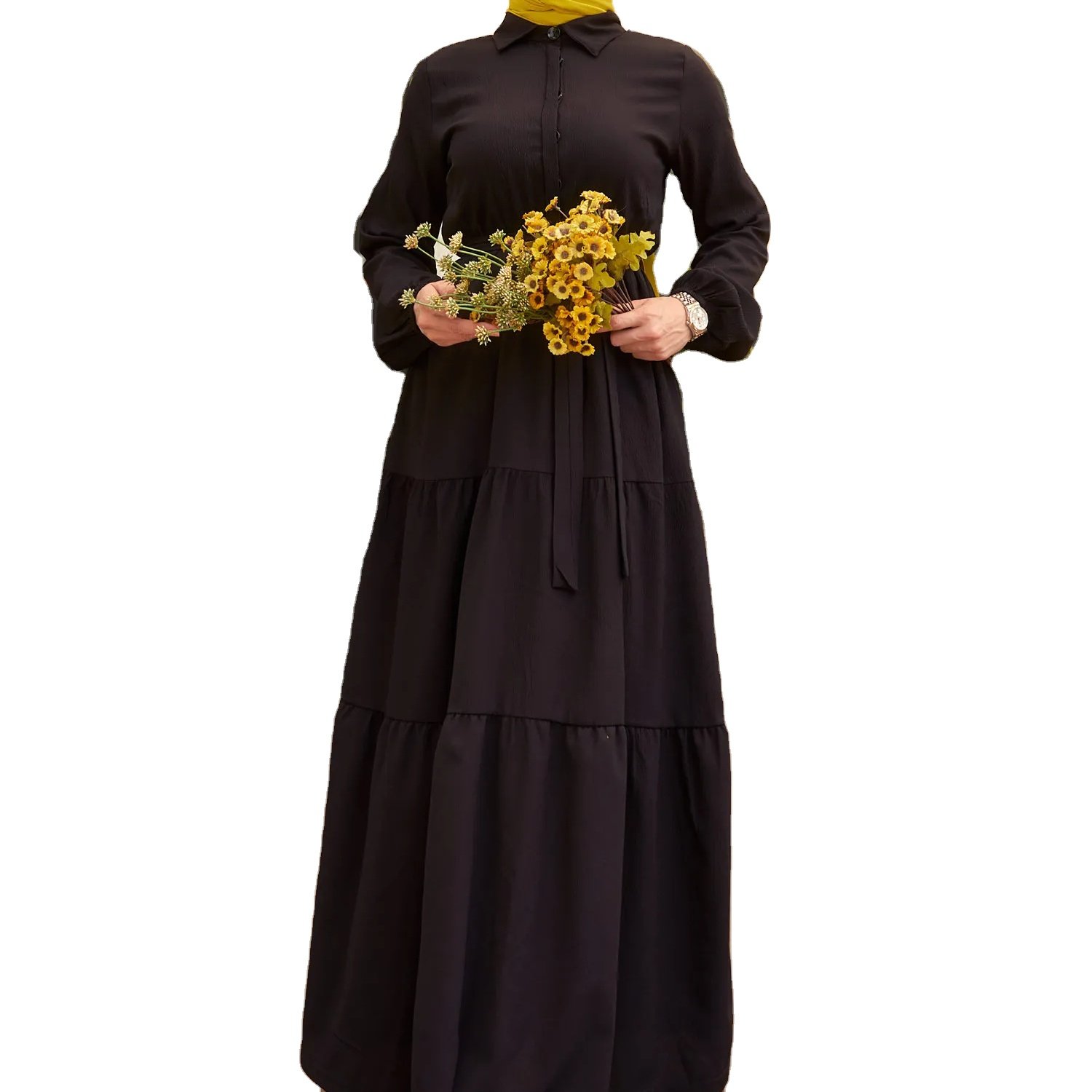 Black Dress Comfortable And Stylish Dress With Buttons And A Belted Waist Suitable For Daily Use