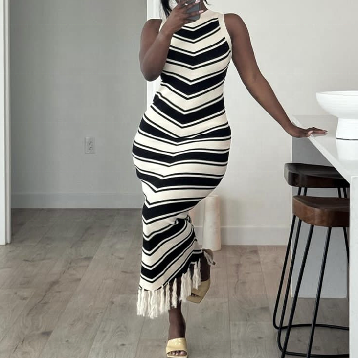 Fashion Casual Elegant Summer Stripe Knitting Sweater Knitted Sleeveless Long Maxi Tassel Sexy Bodycon Ladies Womens Dresses