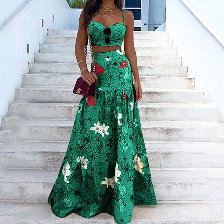 Summer Bohemian Vacation Beach Two Piece Set Short Crop Top High Waist Long Skirt Women Casual Dress