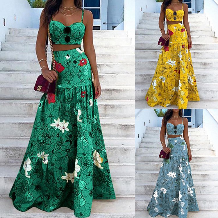 Summer Bohemian Vacation Beach Two Piece Set Short Crop Top High Waist Long Skirt Women Casual Dress