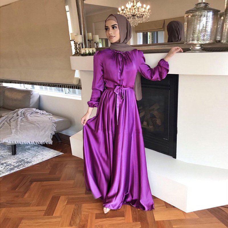 Turkish Arab Elegant Satin Glossy Acetate Dresses Traditional Muslim Clothing&Accessories women's muslim cairo evening dresses