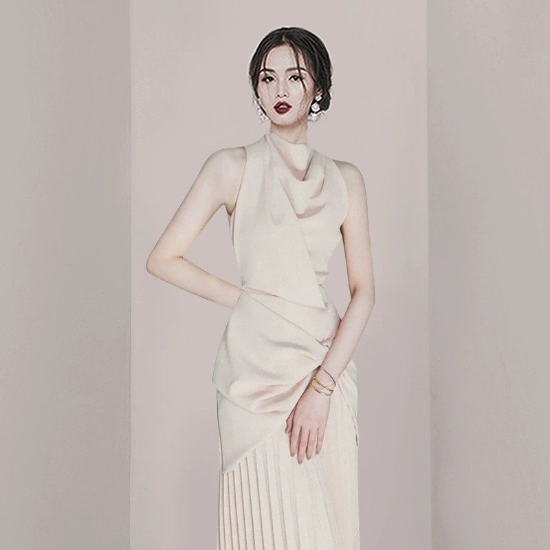 Summer temperament goddess style pendant half high collar long dress kink pleated sleeveless skirt