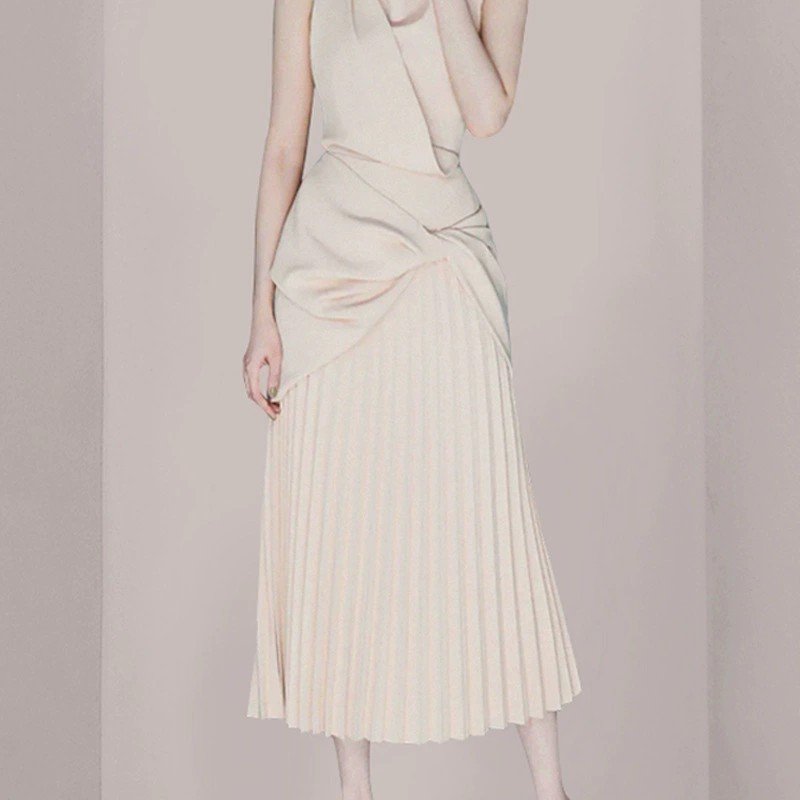 Summer temperament goddess style pendant half high collar long dress kink pleated sleeveless skirt