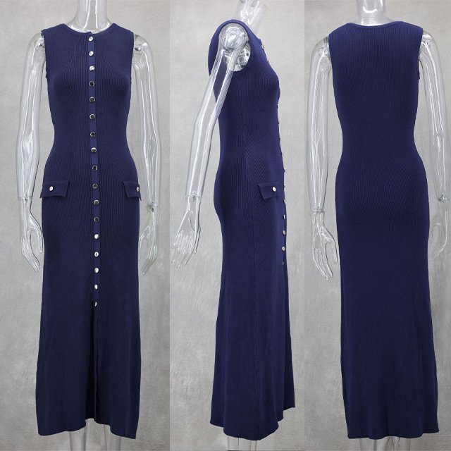 GX0375 Boutique sexy bodycon long knitted dresses summer clothing women tight casual elegant sleeveless button knit maxi dress