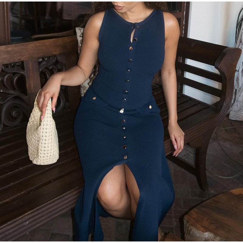 GX0375 Boutique sexy bodycon long knitted dresses summer clothing women tight casual elegant sleeveless button knit maxi dress
