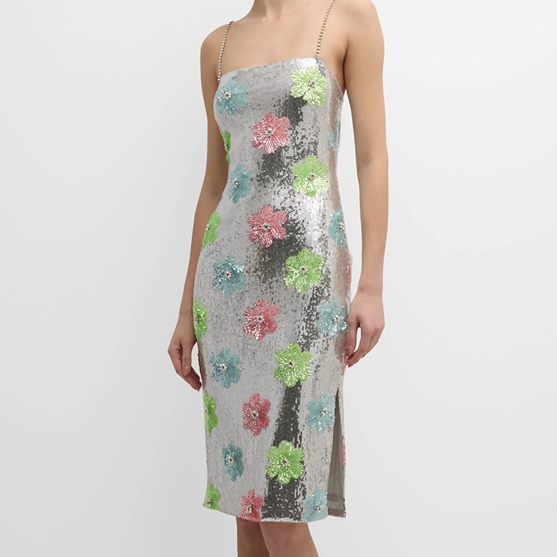 Custom Women's Sleeveless Midi Bodycon Party Dress Floral Sequin Empire Waistline Crystal Straps Dress For Cocktail