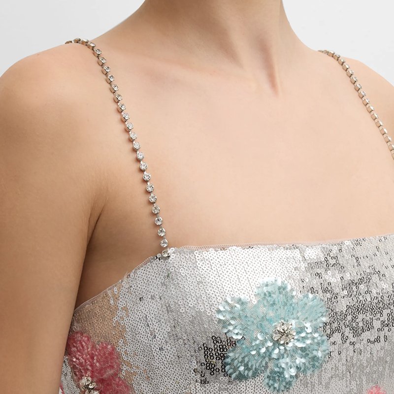 Custom Women's Sleeveless Midi Bodycon Party Dress Floral Sequin Empire Waistline Crystal Straps Dress For Cocktail