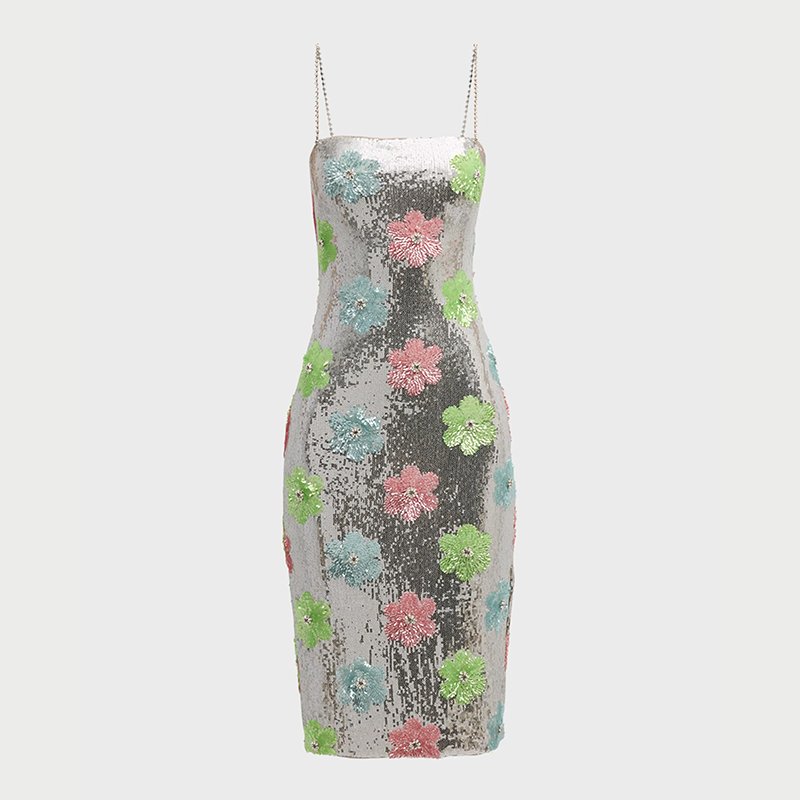 Custom Women's Sleeveless Midi Bodycon Party Dress Floral Sequin Empire Waistline Crystal Straps Dress For Cocktail