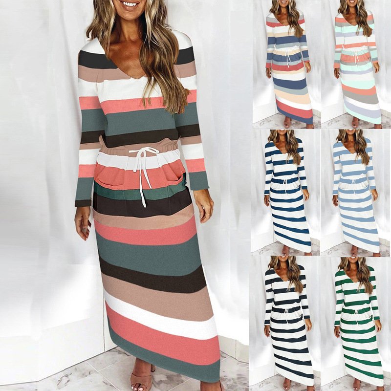 2023 Autumn And Winter Women's Clothing V-neck Party Streetwear Lady Casual Loose Print Striped Long-sleeved One-piece Dress