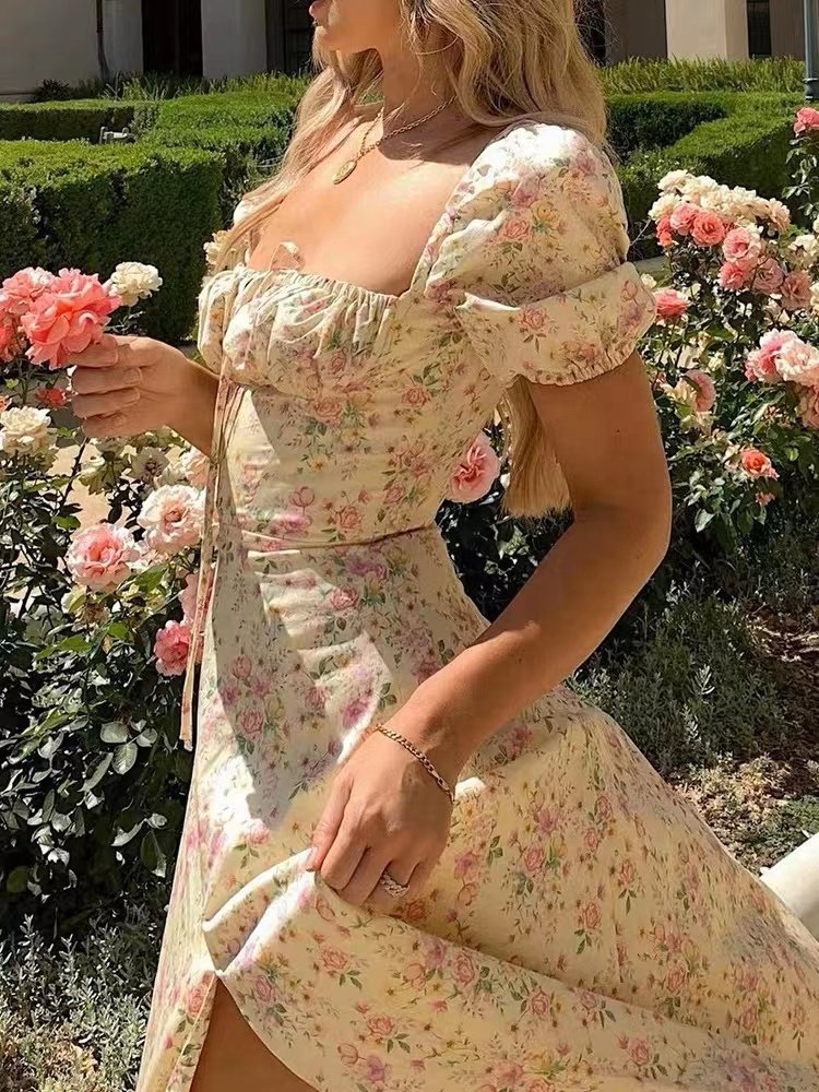 YT Cotton long puff sleeve a-line floral maxi casual dress summer woman clothing vestidos ladies dress