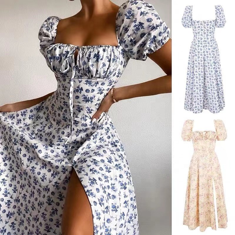 YT Cotton long puff sleeve a-line floral maxi casual dress summer woman clothing vestidos ladies dress