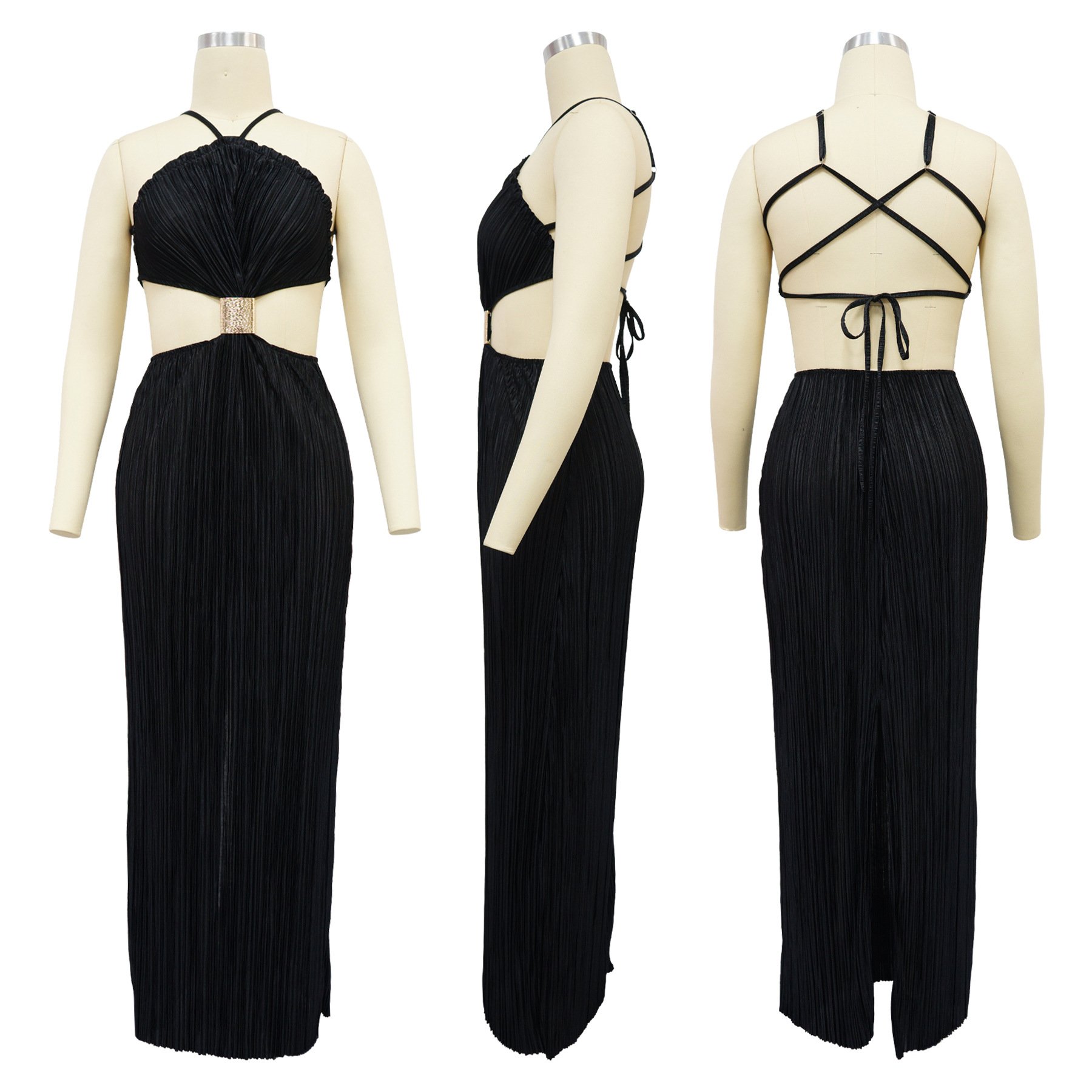 K10759 Women's pleated sexy lace-up evening dress back slit dress women's casual dress