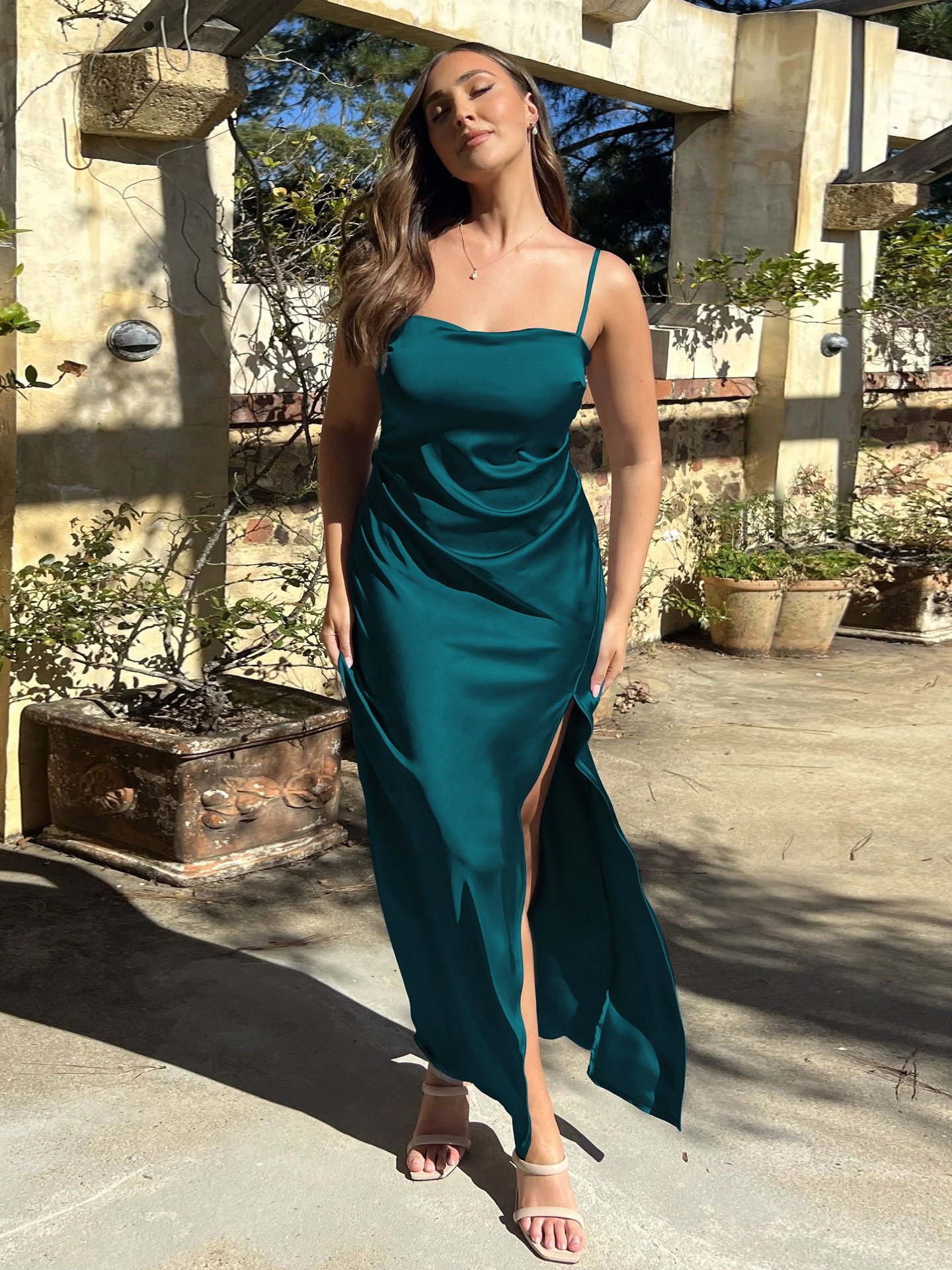 GQXD145 Fashion Satin Long Dresses Women 2024 New Sexy Spaghetti Strap Deep V-Neck Split Backless Casual Beach Dresses Hot Sales