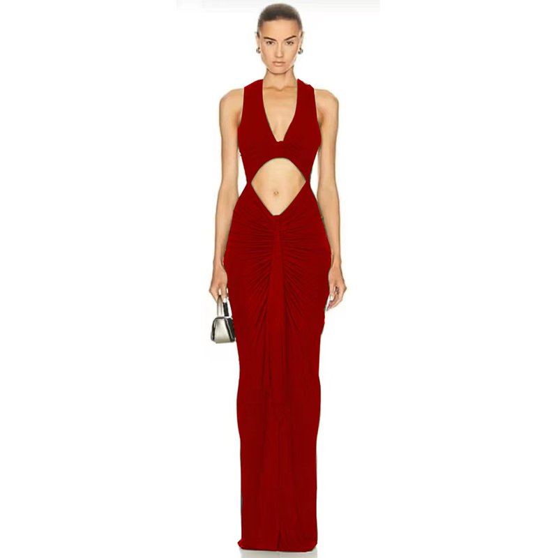 New Fashion Design Elegant V Neck Women'S Sexy Sleeveless Cutout Slim Maxi Dress