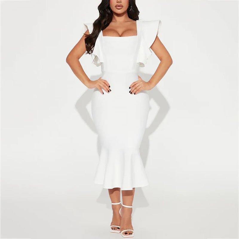 New Arrival Summer Solid Ruffle Elegant Casual Dresses Hem Bodycon Wrap Formal Women Evening Bandage Midi Dress