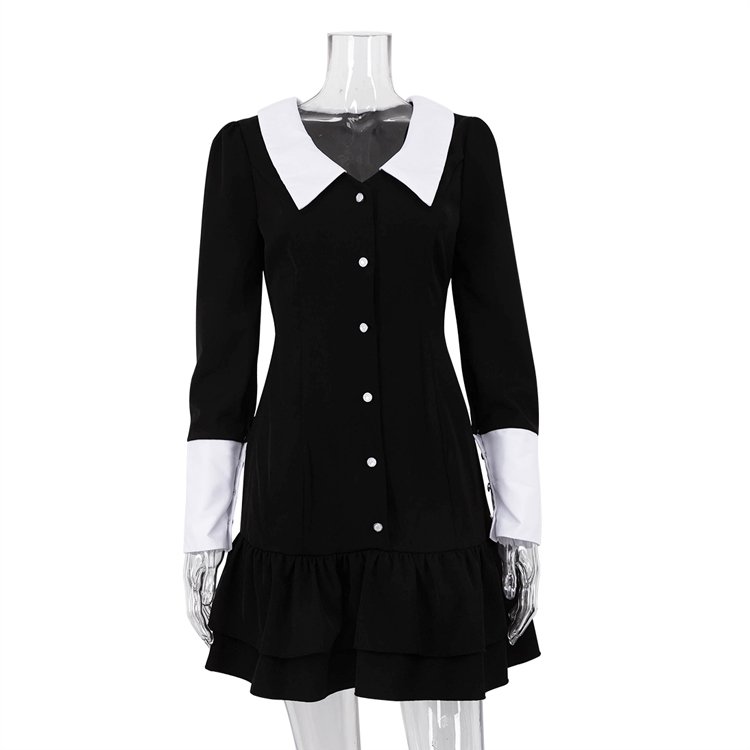 French Patchwork Slim Fit High Waist Buttoned Long Sleeve Ruffle Short Dress Fall Black Casual Dresses Women Lady Elegant