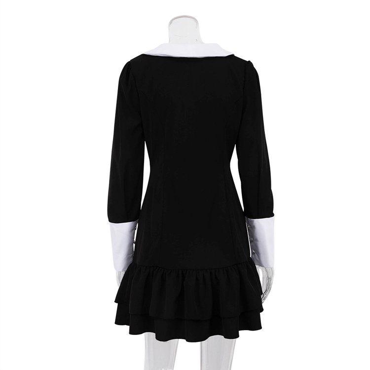 French Patchwork Slim Fit High Waist Buttoned Long Sleeve Ruffle Short Dress Fall Black Casual Dresses Women Lady Elegant