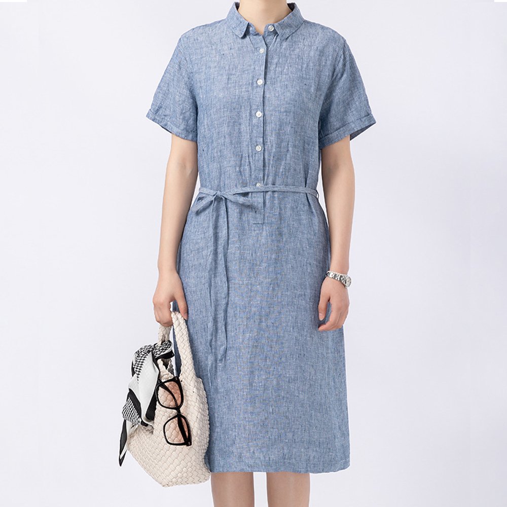 Custom fashion dress plain Summer Women elegant casual dresses Lady with Chest pocket lace-up back cotton O-Neck linen dress