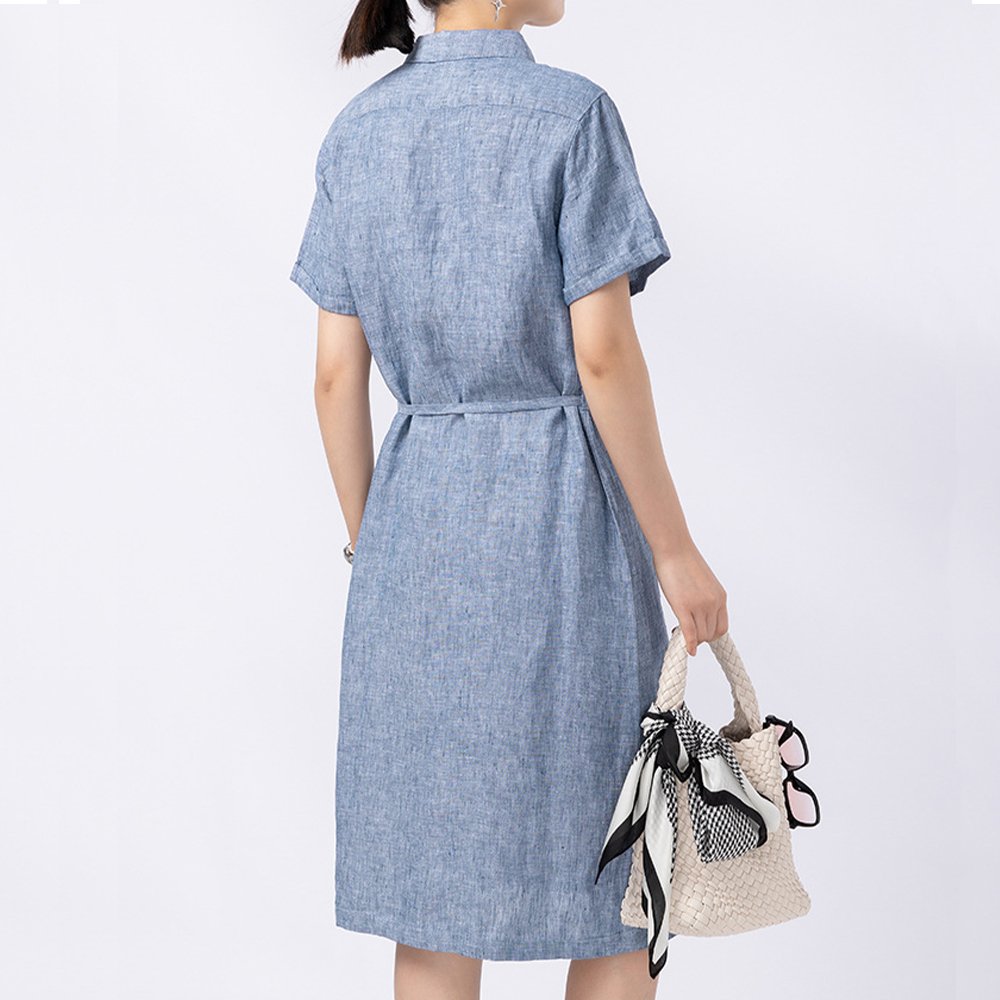 Custom fashion dress plain Summer Women elegant casual dresses Lady with Chest pocket lace-up back cotton O-Neck linen dress