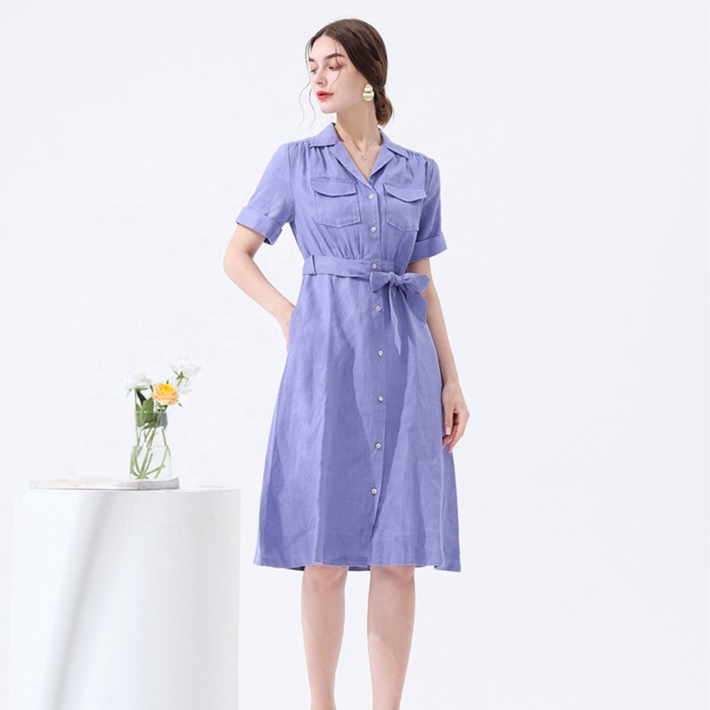 Custom fashion dress plain Summer Women elegant casual dresses Lady with Chest pocket lace-up back cotton O-Neck linen dress