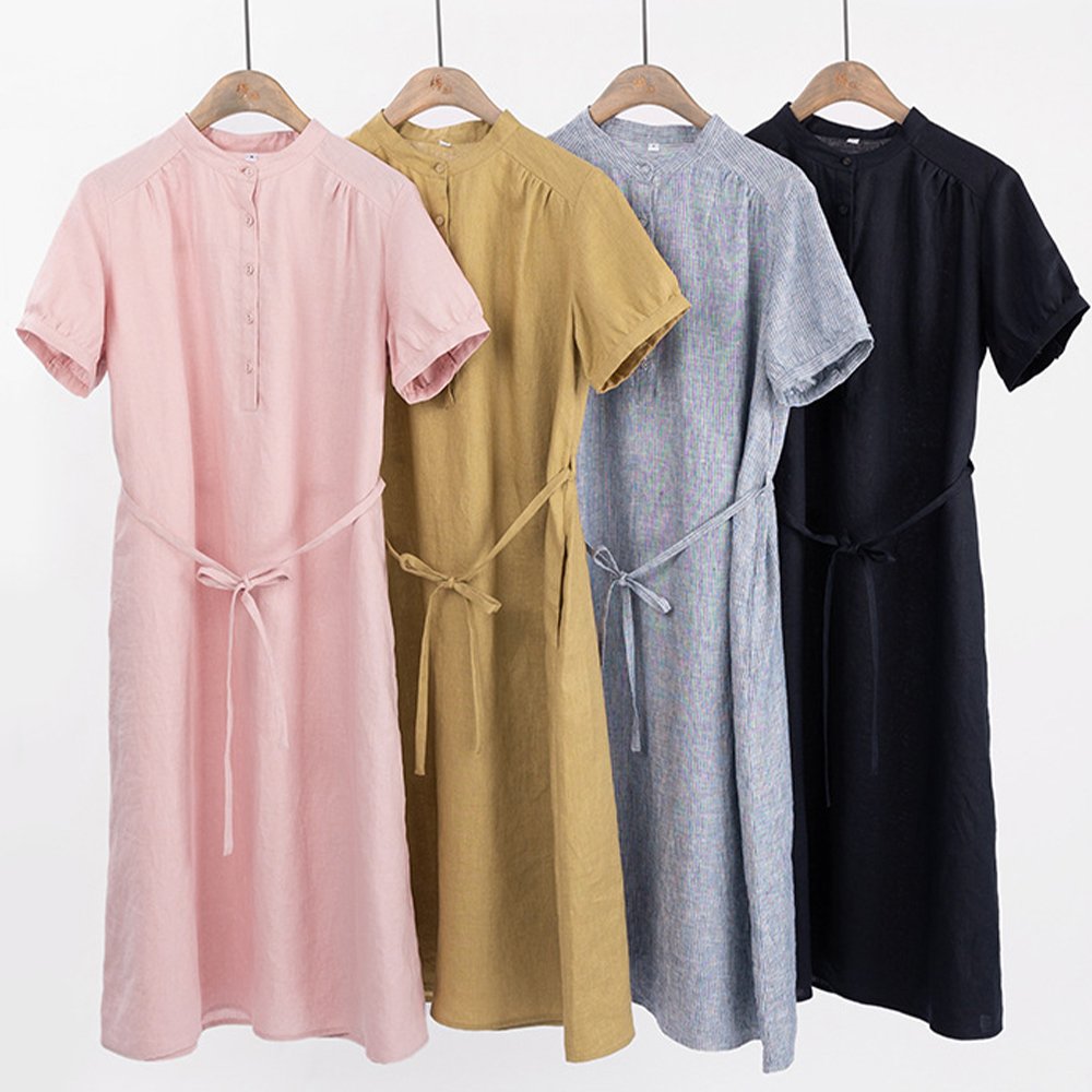 Custom fashion dress plain Summer Women elegant casual dresses Lady with Chest pocket lace-up back cotton O-Neck linen dress