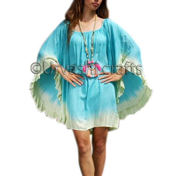 Wholesale ODM OEM Women Dual Color Rayon Tie Dye Print Resort Wear Wide Sleeves Tunic Beachwear Dress Sexy Beachwear Kaftan